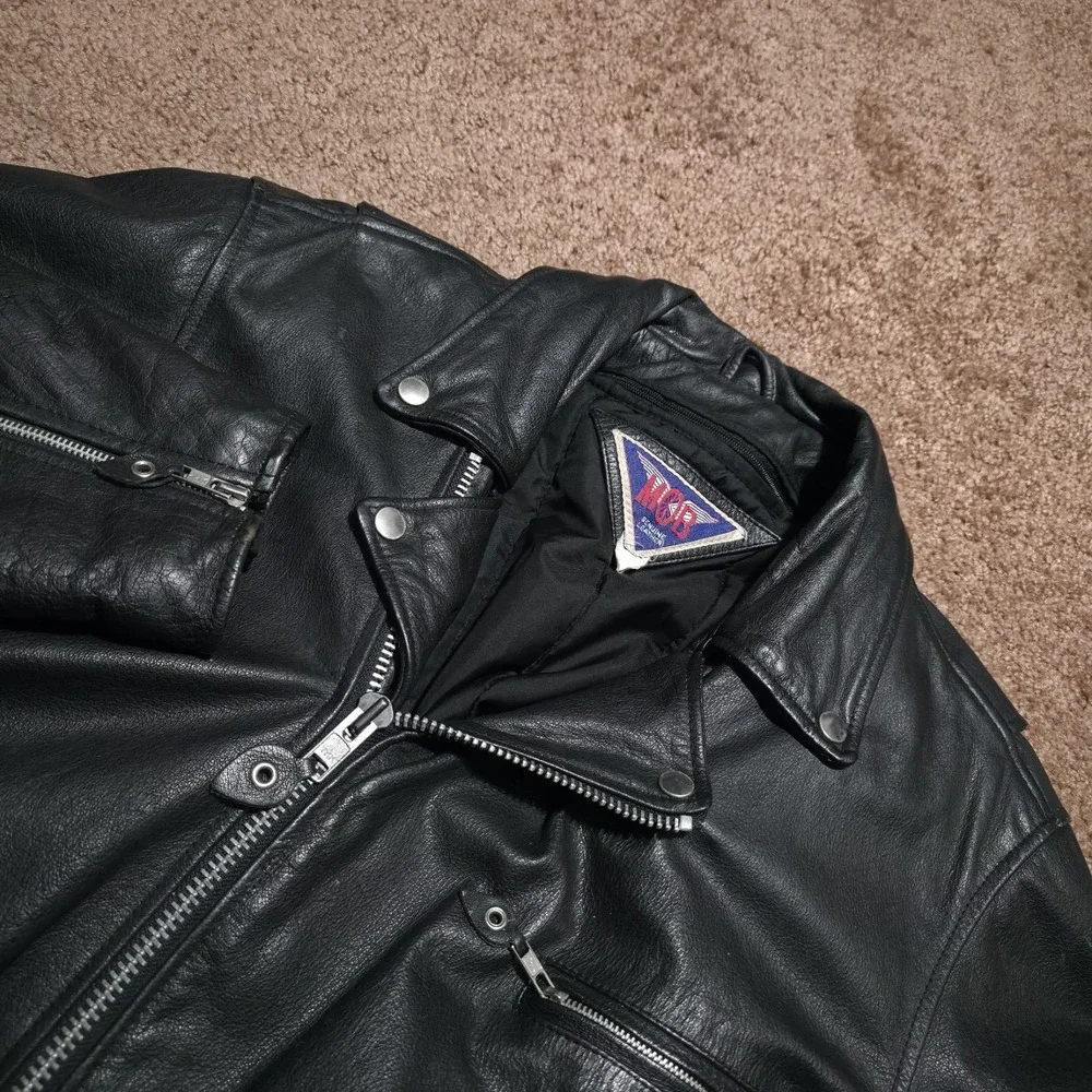 Vintage MOB Black Leather Motorcycle Jacket Mens 52 Biker Moto Riding Heavy Belt